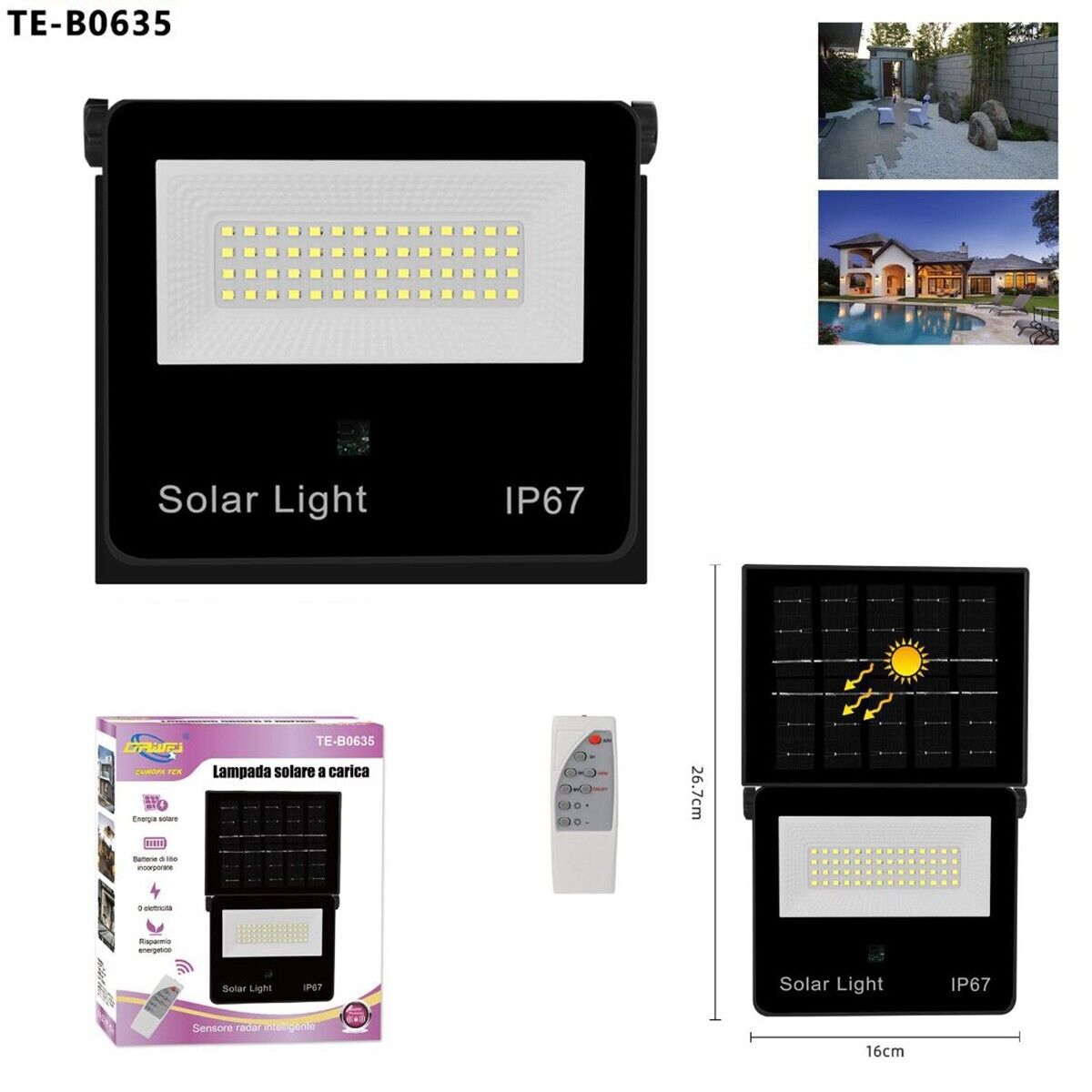 FARO LED FARETTO PANNELLO SOLARE CREPUSCOLARE IP67 48 LED TELECOMANDO TE-B0635