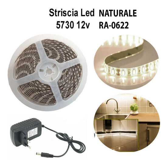BANDE LED 5730 5M LUMIÈRE BLANC NATUREL AUTOCOLLANTE IP65 AVEC ALIMENTATION 12V 2A