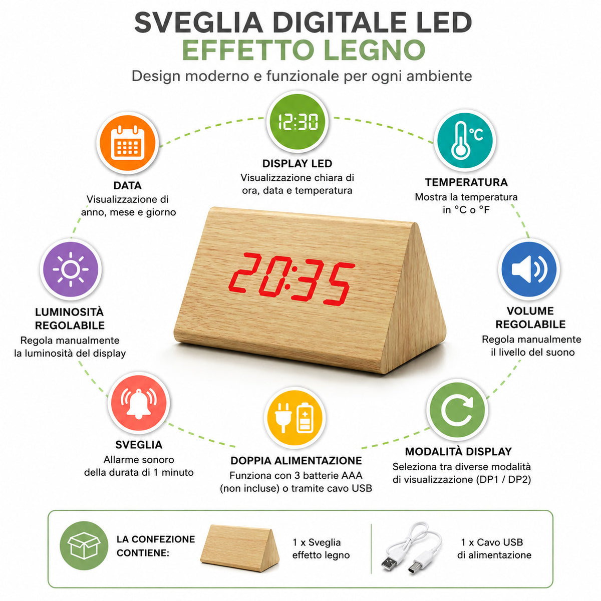SVEGLIA OROLOGIO DIGITALE LED EFFETTO LEGNO SUONO ALLARME TEMPERATURA DATA 04905