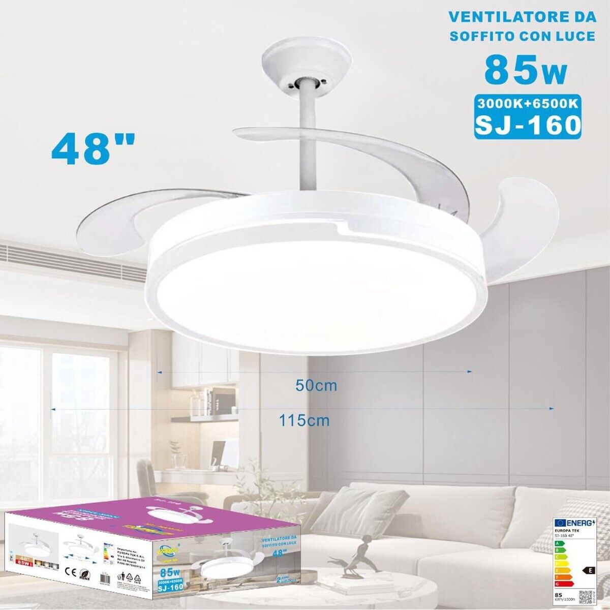VENTILATORE SOFFITTO LUCE PALE SCOMPARSA 85W LAMPADARIO SOSPENSIONE 50CM SJ-160