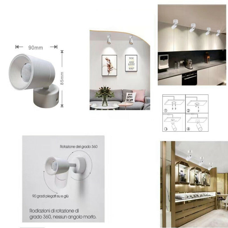 FARETTO LED SOFFITTO ORIENTABILE 7W LUCE CALDA MODERNO BIANCO APPLIQUE SPOT LED