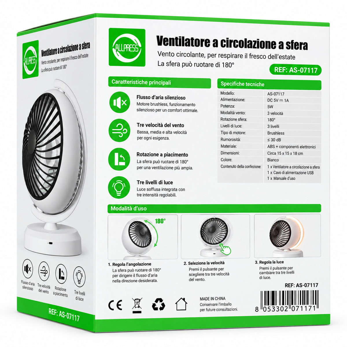 VENTILATORE DA TAVOLO A SFERA 3 VELOCITÀ LUCE LED ROTAZIONE 180° CAMERA AS-07117