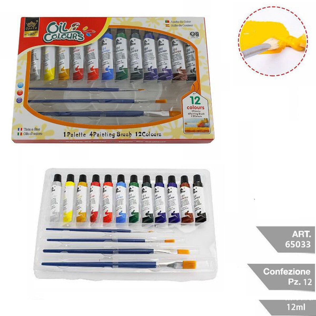 SET 12 COLORI TEMPERA A OLIO DA 12ML CON 4 PENNELLI E TAVOLOZZA PITTURA DISEGNO