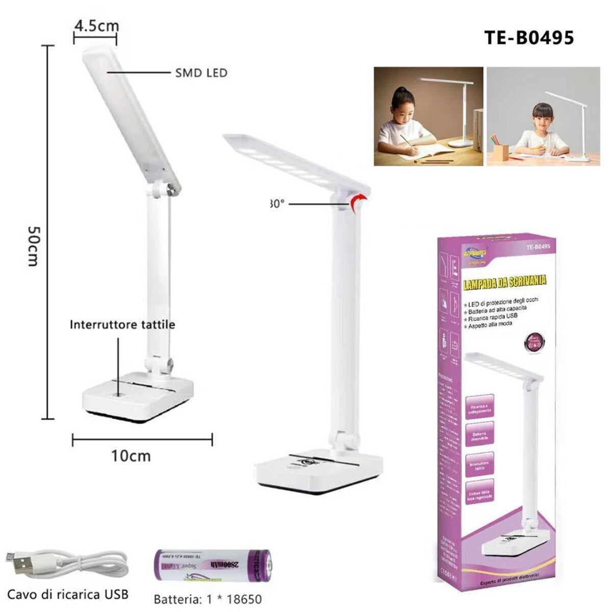 LAMPADA TOUCH RICARICABILE PIEGHEVOLE 180° LUCE LED SCRIVANIA E TAVOLO TE-B0495