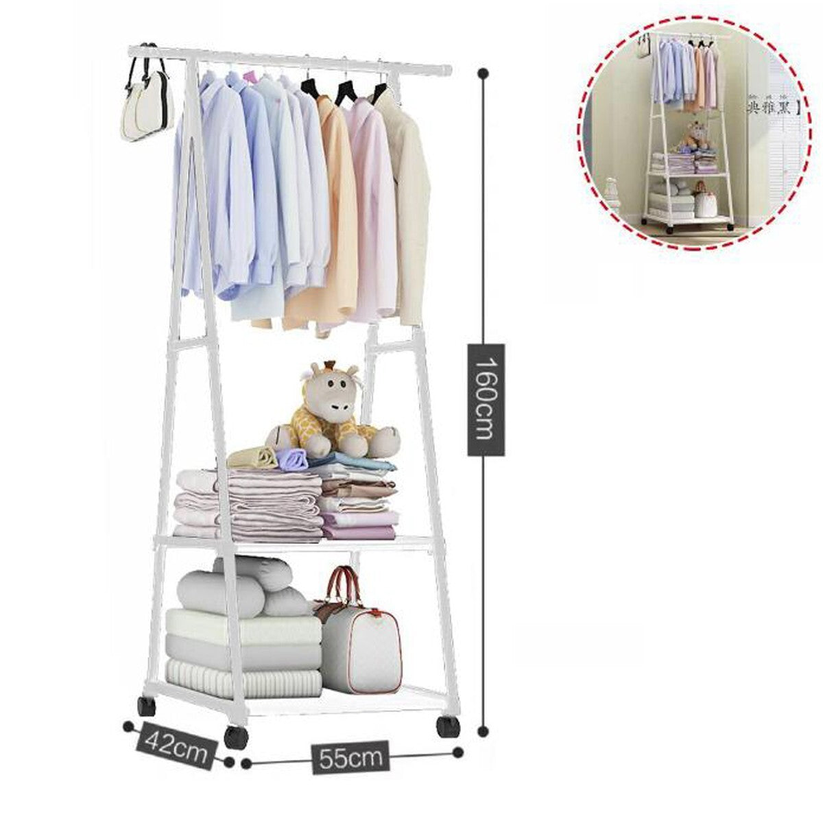 APPENDIABITI TRIANGOLO BIANCO CON RIPIANI 3 PIANI CASA RUOTE 55X42X160 CM