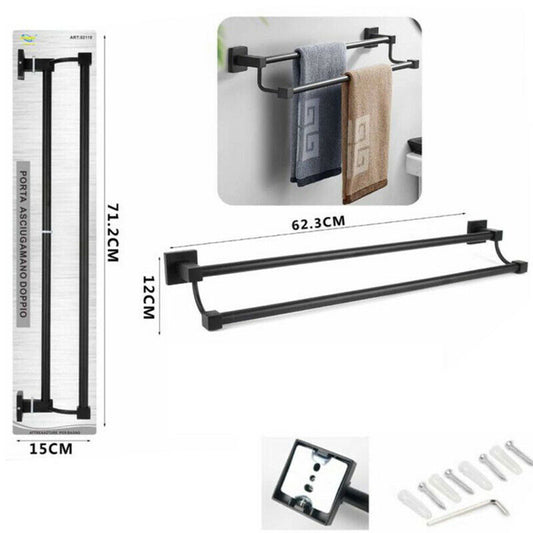 PORTA ASCIUGAMANI 2 ASTE SUPPORTO PER BAGNO DA MURO ASTA CASA NERO 02110