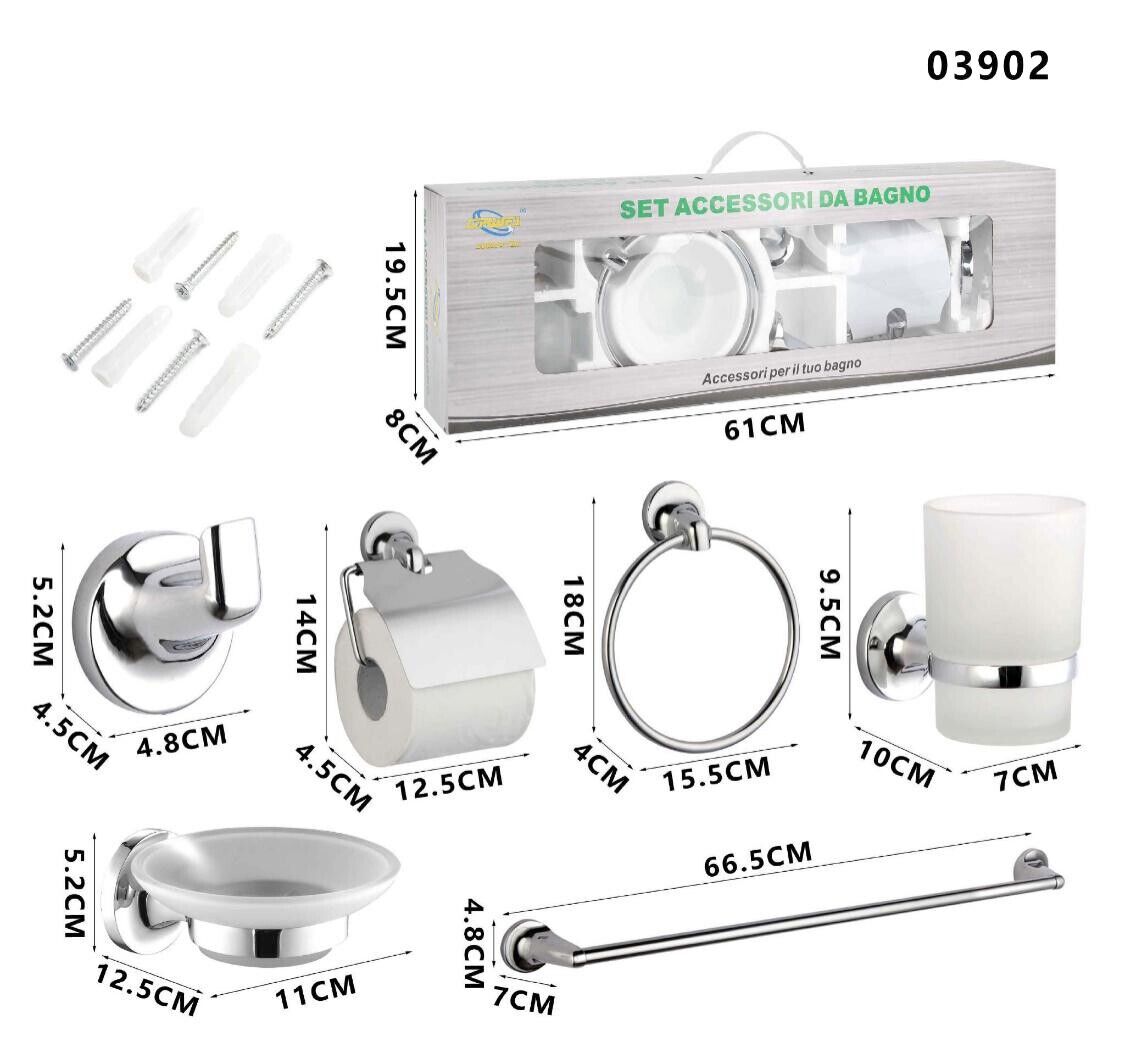 KIT COMPLETO 6 ACCESSORI BAGNO ASTA SAPONE WC GANCIO PORTA ASCIUGAMANO 03902