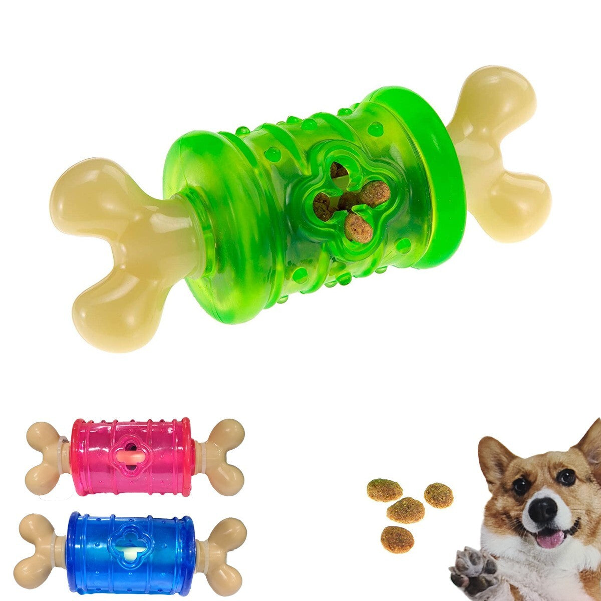 JOUET EN FORME D'OS DISTRIBUTEUR DE FRIANDISES CROQUETTES POUR CHIEN GOMME