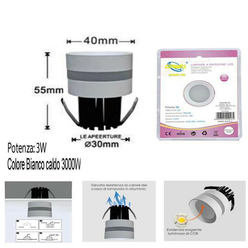 MINI SPOT LED 3W ENCASTRABLE PLAFOND ROND RESSORT 4CM LED BLANC CHAUD 3000K