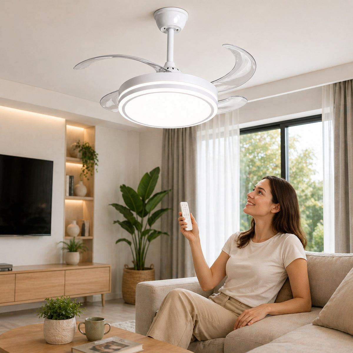 VENTILATEUR DE PLAFOND LUMIÈRE LED 60W PALES RÉTRACTABLES 42" TÉLÉCOMMANDE 8933K