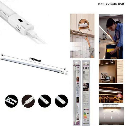 BARRE LED CUISINE PLACARD LUMIÈRE NATURELLE DÉTECTEUR DE MOUVEMENT MANUEL RECHARGEABLE 48CM