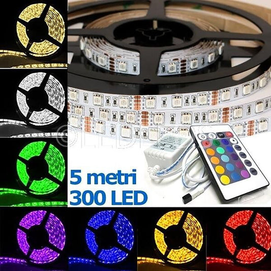 STRISCIA A LED SMD 5050 RGB IP65 5 METRI BOBINA CON ALIMENTATORE E TELECOMANDO