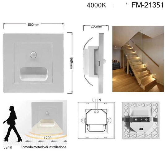 LUCE NOTTURNA SEGNAPASSO LED QUADRATO BIANCO SENSORE MOVIMENTO LUCE NATURALE