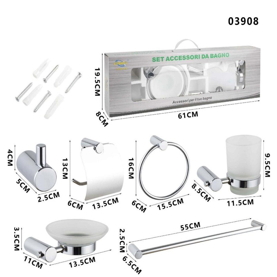 KIT COMPLETO 6 ACCESSORI BAGNO ASTA SAPONE WC GANCIO PORTA ASCIUGAMANO 03908