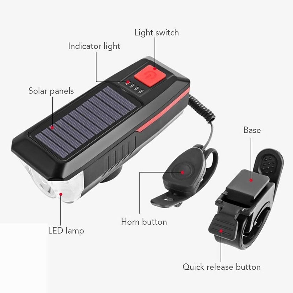 LUCE BICICLETTA LED RICARICABILE ENERGIA SOLARE FARO FANALE BICI USB CLACSON