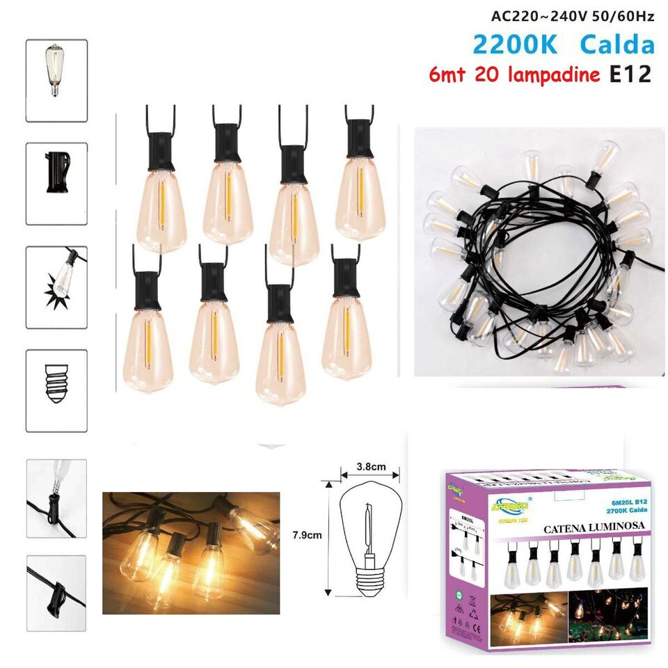CATENARIA CATENA LUMINOSA 6MT CON 20 LAMPADINE E12 ESTERNO LUCE CALDA 2200K
