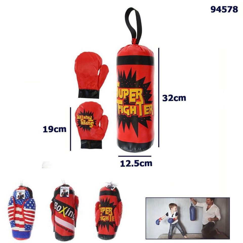 KIT SACCO DA BOXE 32CM CON GUANTONI PER BAMBINO GIOCO ALLENAMENTO PUGILE KICK BO