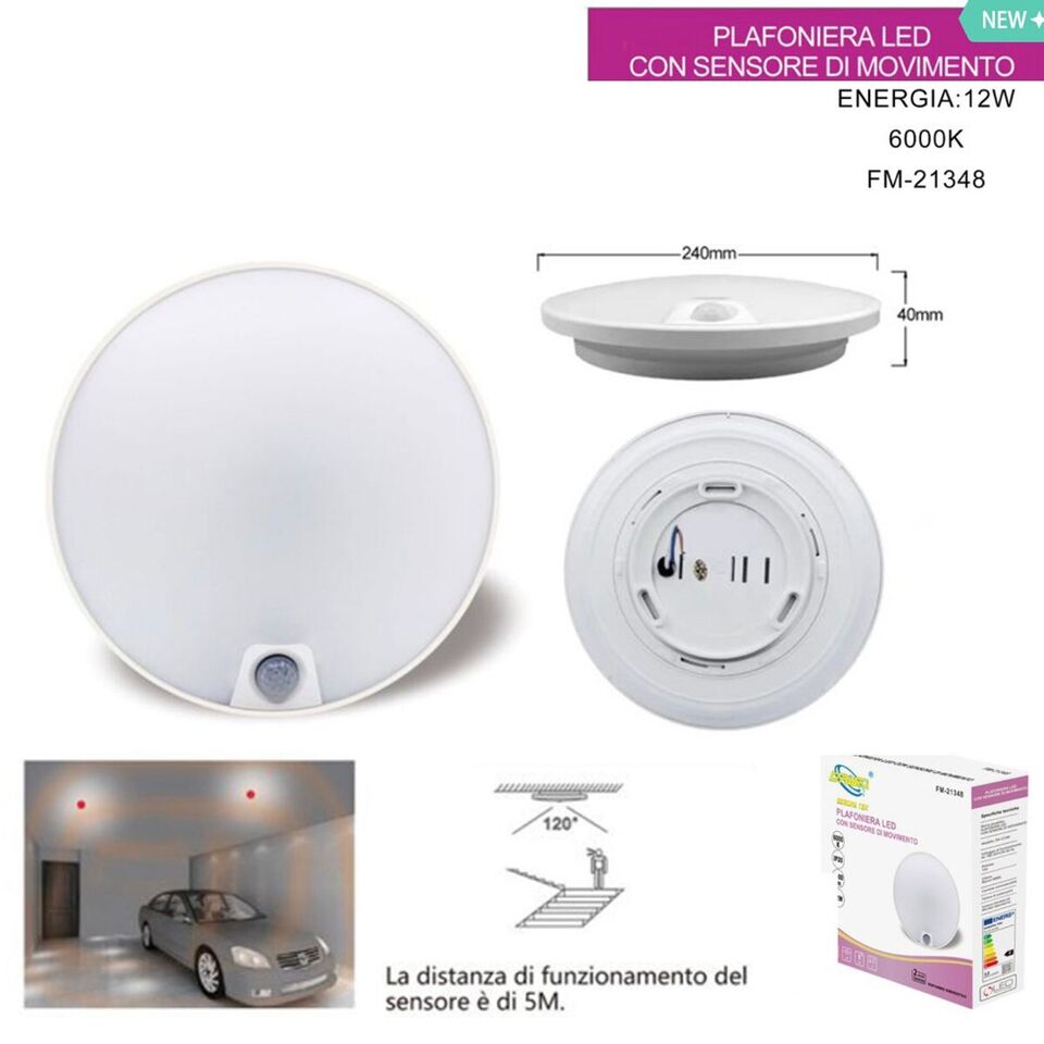 PLAFONIERA LED SOFFITTO ROTONDA 12W LUCE FREDDA SENSORE MOVIMENTO INFRAROSSI