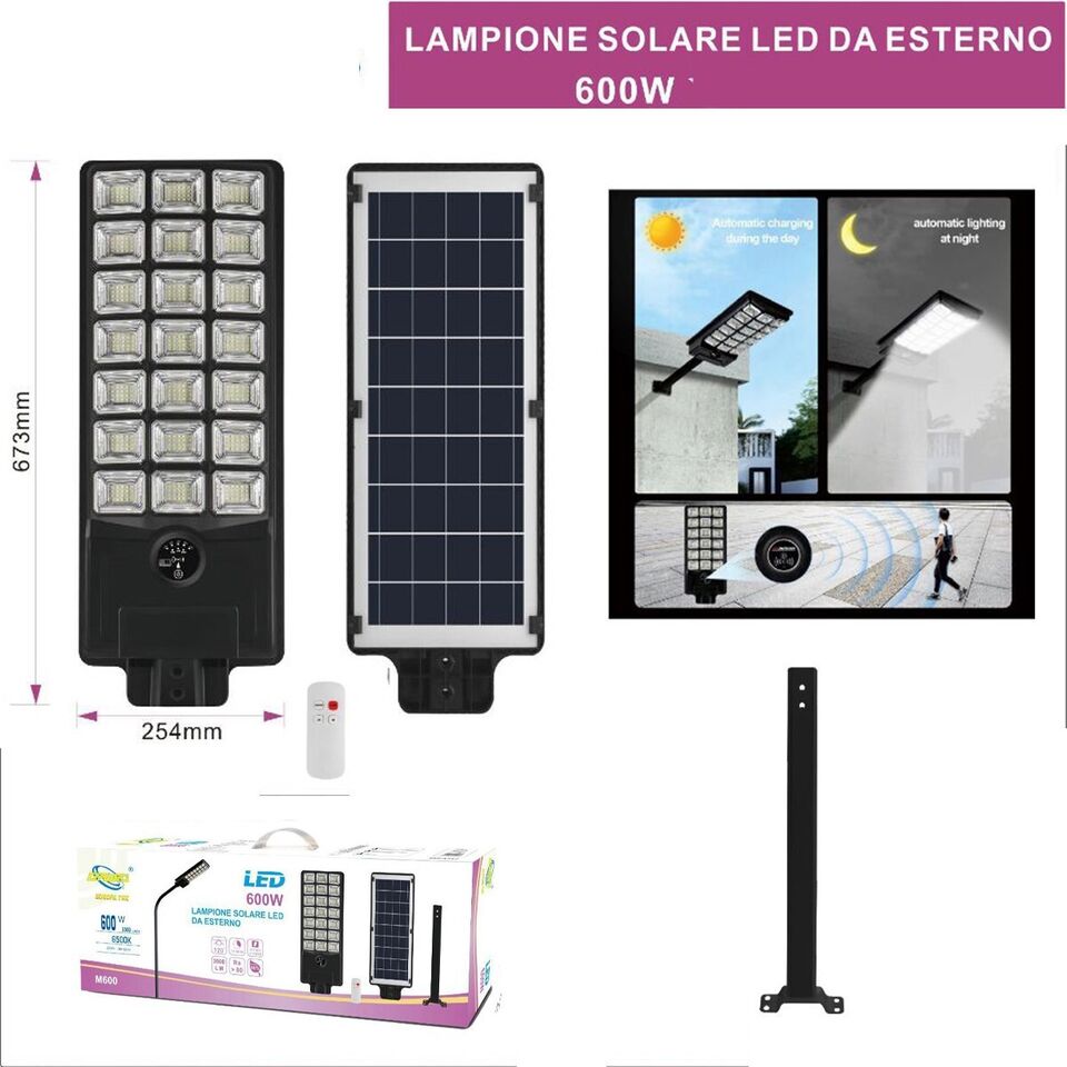 FARO LAMPIONE STRADALE PANNELLO SOLARE 600W CON STAFFA TELECOMANDO 12481