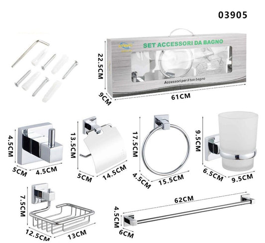 KIT COMPLETO 6 ACCESSORI BAGNO ASTA SAPONE WC GANCIO PORTA ASCIUGAMANO 03905