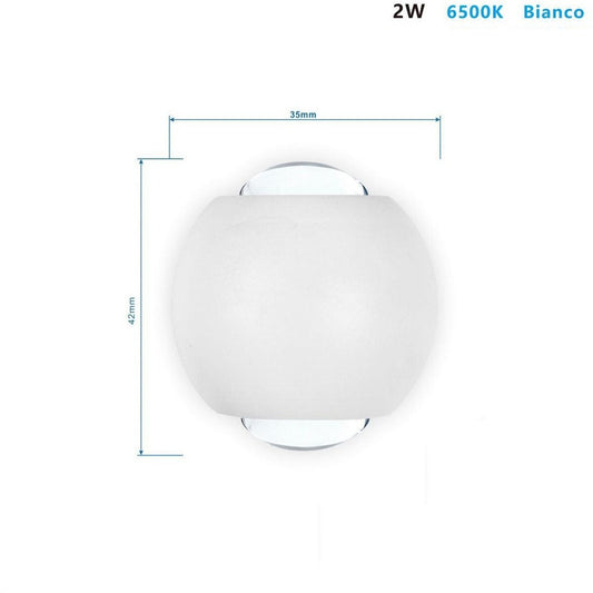 APPLIQUE LED MURO SFERICA DOPPIO FASCIO LUMINOSO 2W IP54 BIANCO FREDDO 6500K