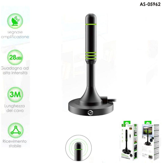 ANTENNA DIGITALE TERRESTRE PORTATILE BASE MAGNETICA DVB-T 28DB AUTO CAMPER CASA