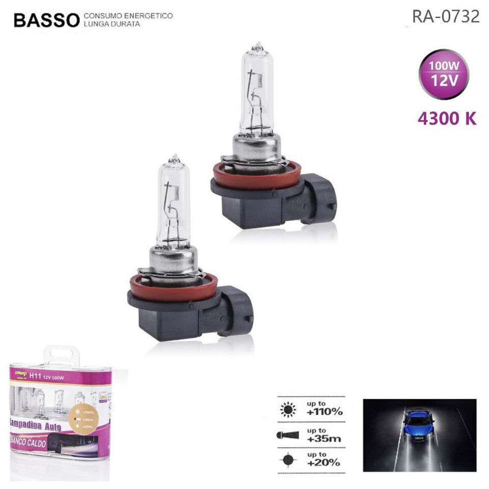 COPPIA FARI LAMPADINE XENON AUTO ATTACCO H11 BIANCO NATURALE 4300K 100W 12V