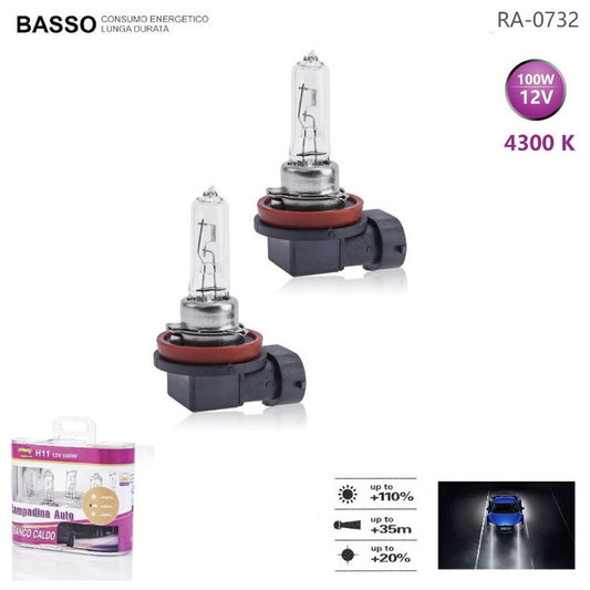 COPPIA FARI LAMPADINE XENON AUTO ATTACCO H11 BIANCO NATURALE 4300K 100W 12V