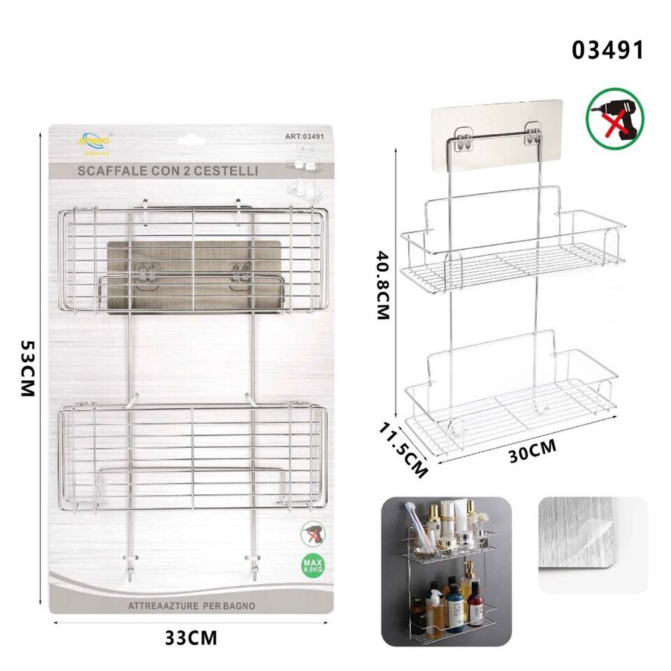 DOPPIA MENSOLA DA PARETE ADESIVA SCAFFALE ORGANIZER PORTAOGGETTI CUCINA 03491