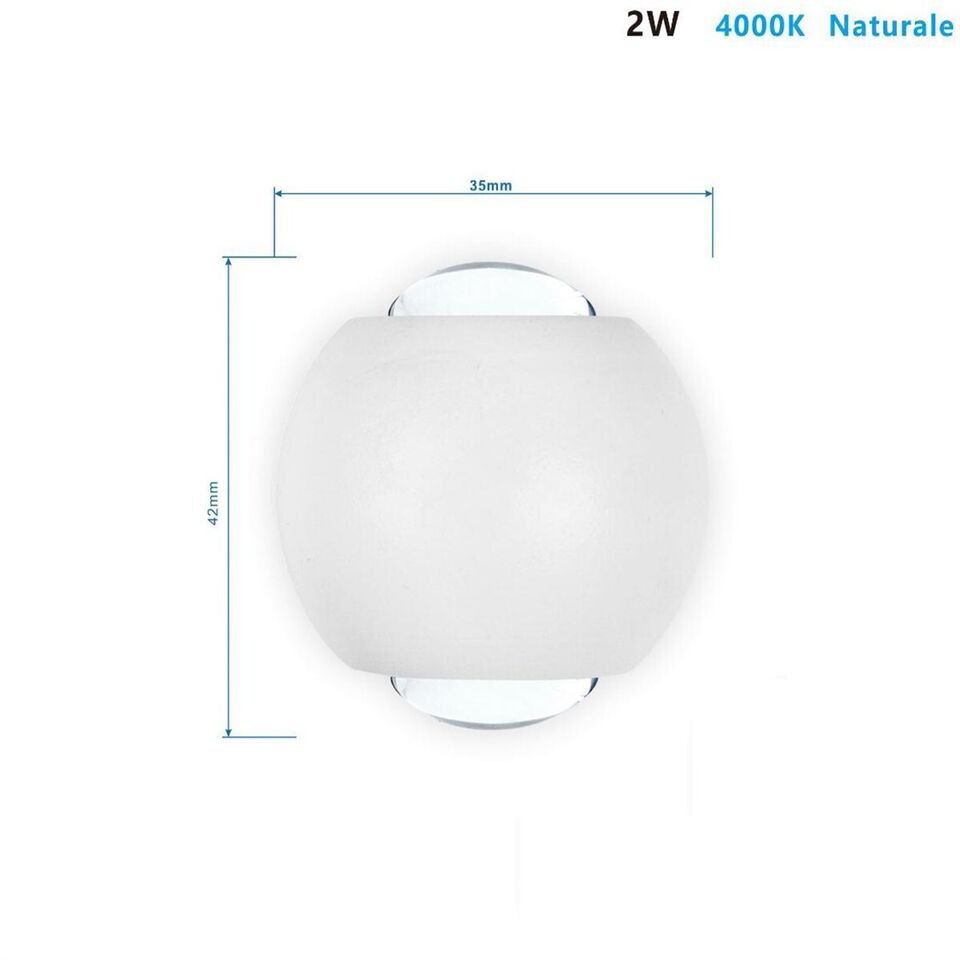 APPLIQUE LED MURO SFERICA DOPPIO FASCIO LUMINOSO 2W IP54 BIANCO NATURALE 4000K