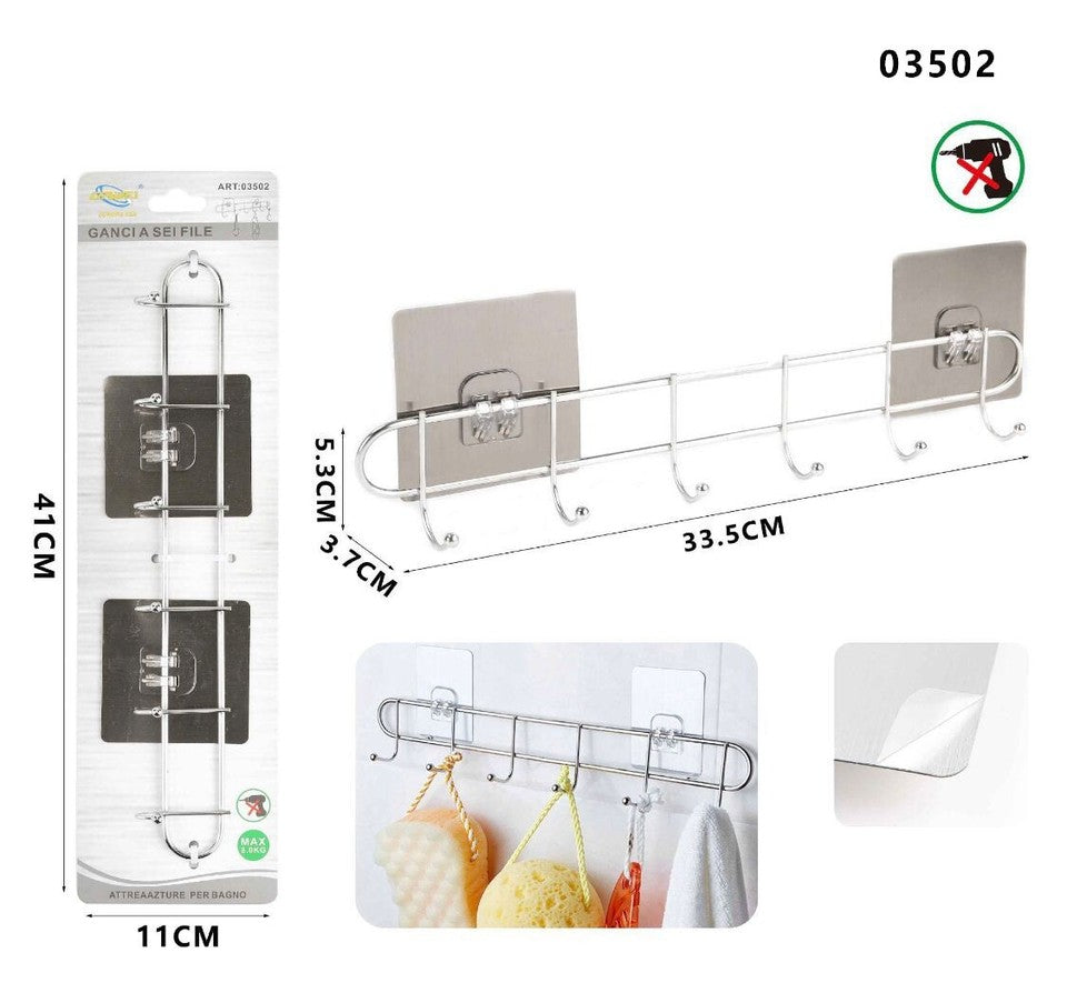 PORTA ASCIUGAMANI CON 6 GANCI BAGNO PARETE SALVIETTE GANCIO CASA ADESIVO 03502