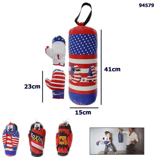 KIT SACCO DA BOXE 41CM CON GUANTONI BAMBINO GIOCO ALLENAMENTO PUGILE KICK BOX