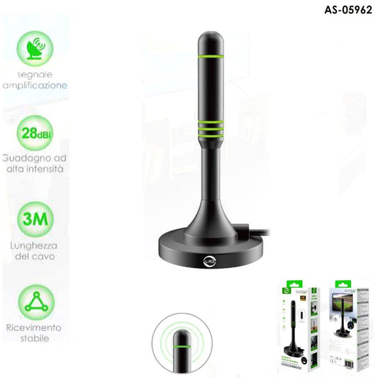 ANTENNA DIGITALE TERRESTRE PORTATILE BASE MAGNETICA DVB-T 28DB AUTO CAMPER CASA TV TELEVISIONE