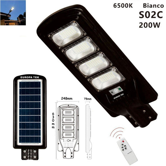 LAMPIONE SOLARE STRADALE FARO LED ESTERNO SENSORE DI MOVIMENTO TELECOMANDO 200W