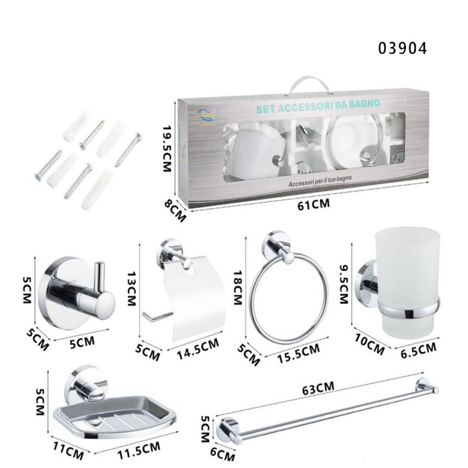 KIT COMPLETO 6 ACCESSORI BAGNO ASTA SAPONE WC GANCIO PORTA ASCIUGAMANO 03904