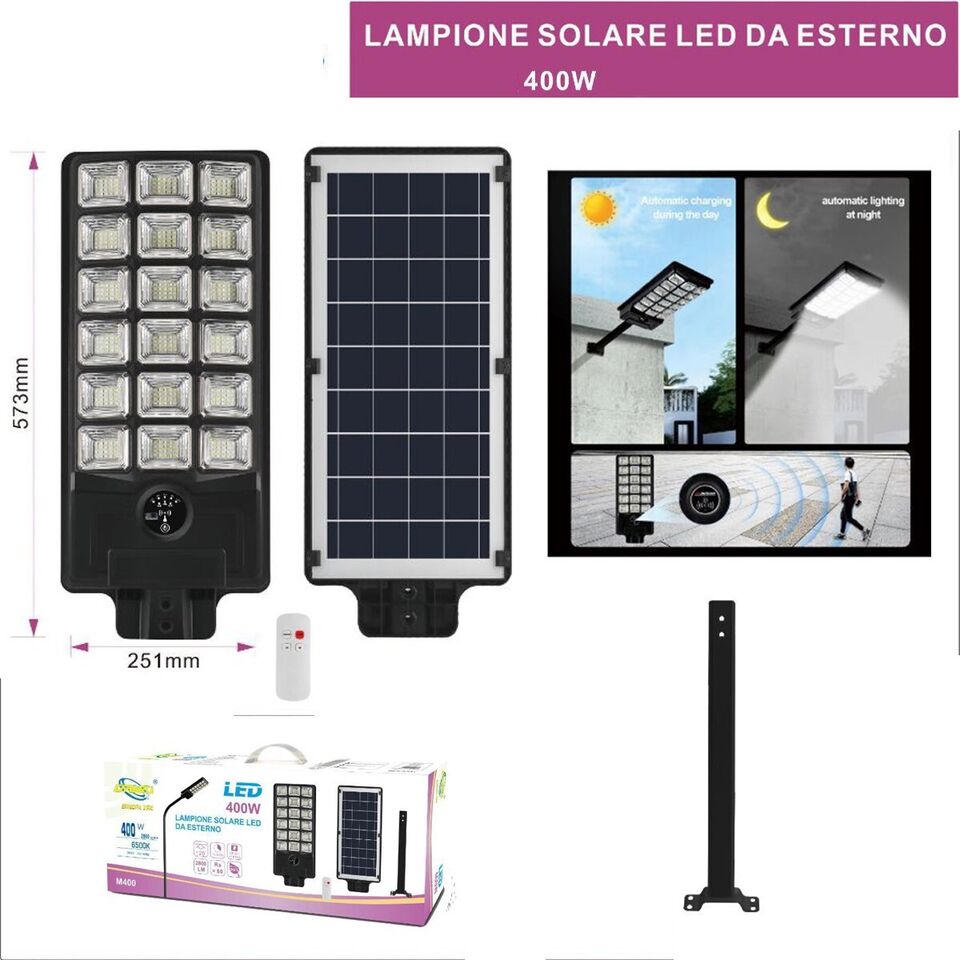 FARO LAMPIONE STRADALE PANNELLO SOLARE 400W CON STAFFA TELECOMANDO 12474