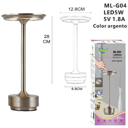 LAMPADA TAVOLO TOUCH LED MODERNA RICARICABILE BAR HOTEL RISTORANTE SILVER ML-G04