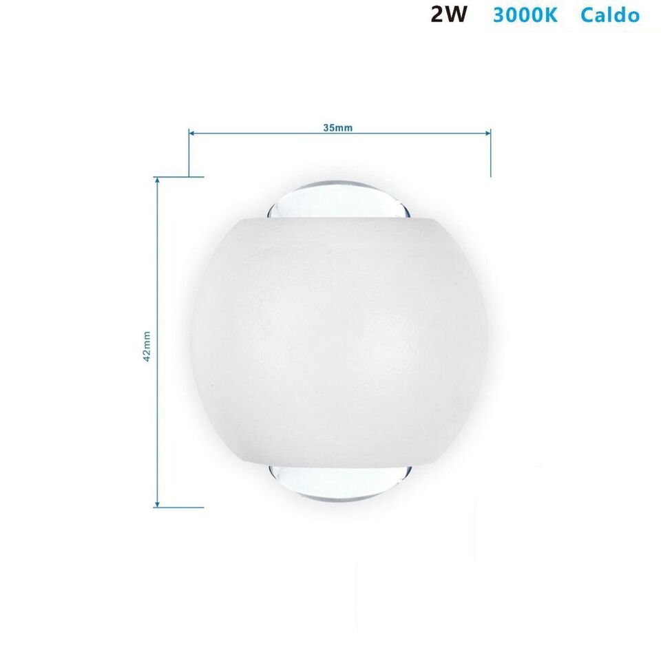 APPLIQUE LED MURO SFERICA DOPPIO FASCIO LUMINOSO 2W IP54 BIANCO CALDO 3000K