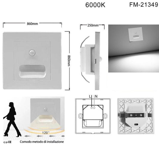 LUCE NOTTURNA SEGNAPASSO LED QUADRATO BIANCO SENSORE MOVIMENTO LUCE FREDDA 6000K
