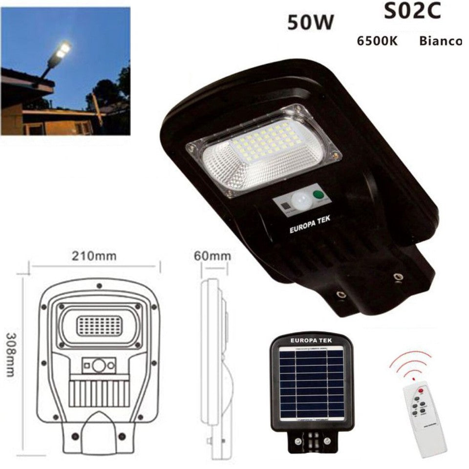 LAMPIONE SOLARE STRADALE FARO LED ESTERNO SENSORE DI MOVIMENTO TELECOMANDO 50W