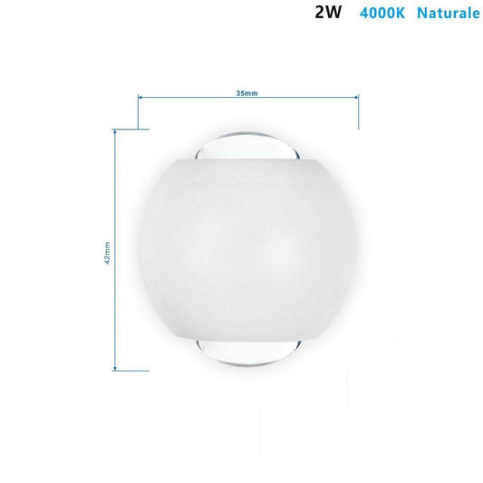 APPLIQUE LED MURO SFERICA DOPPIO FASCIO LUMINOSO 2W IP54 BIANCO NATURALE 4000K