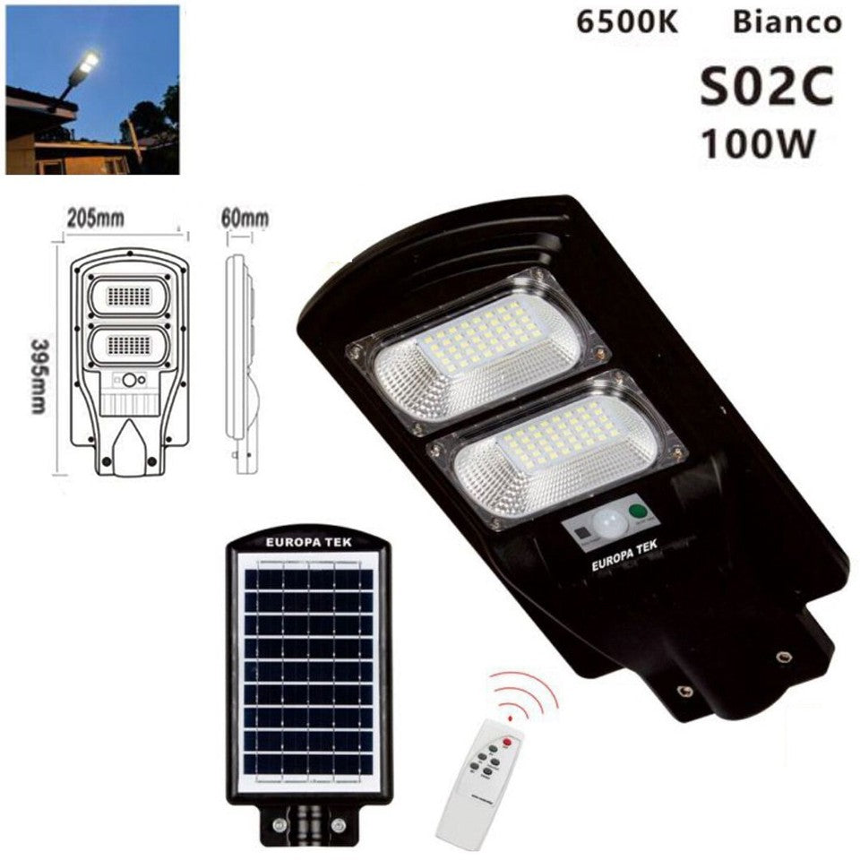 LAMPIONE SOLARE STRADALE FARO LED ESTERNO SENSORE DI MOVIMENTO TELECOMANDO 100W