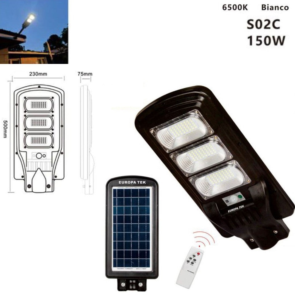 LAMPIONE SOLARE STRADALE FARO LED ESTERNO SENSORE DI MOVIMENTO TELECOMANDO 150W