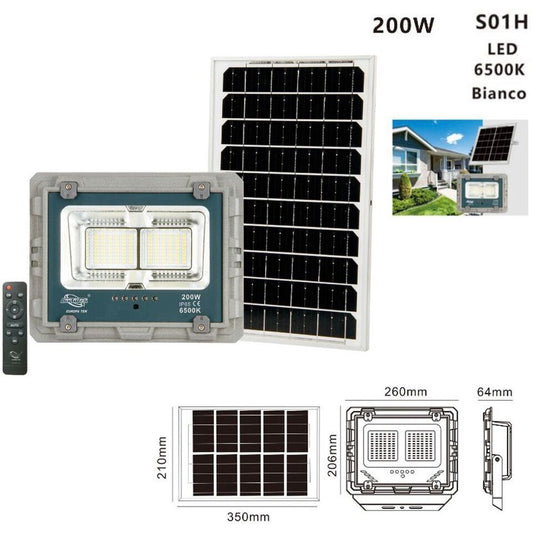 FARO LED CON PANNELLO SOLARE LUCE FREDDA FARETTO LED CASA GIARDINO ESTERNO 200W
