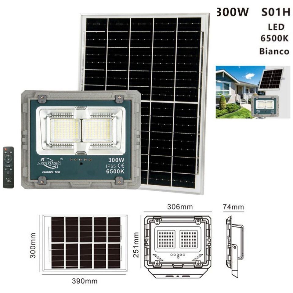 FARO LED CON PANNELLO SOLARE LUCE FREDDA FARETTO LED CASA GIARDINO ESTERNO 300W