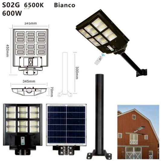 FARO LAMPIONE STRADALE PANNELLO SOLARE PALO TELECOMANDO SENSORE MOVIMENTO 600W