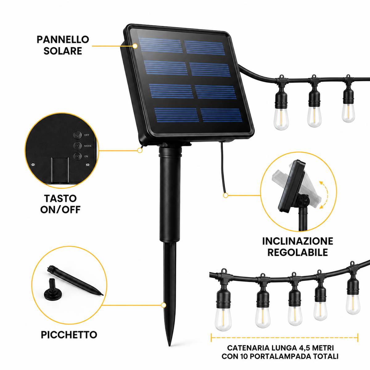 GUIRLANDE LUMINEUSE SOLAIRE EXTÉRIEURE INTÉRIEURE 10 AMPOULES LED BLANC CHAUD 2700K