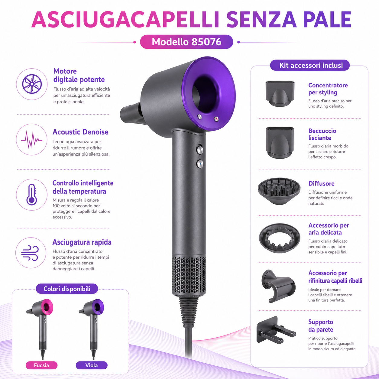 ASCIUGACAPELLI SENZA PALE PHON IONICO RAPIDO CASA SALONE KIT ACCESSORI PRO 85076