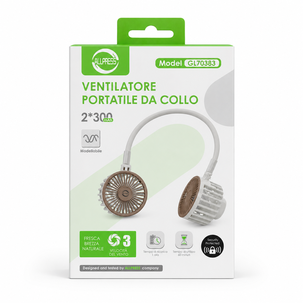 VENTILATORE COLLO CON PALE PORTATILE RICARICABILE SPORT 3 VELOCITÀ AS-08936