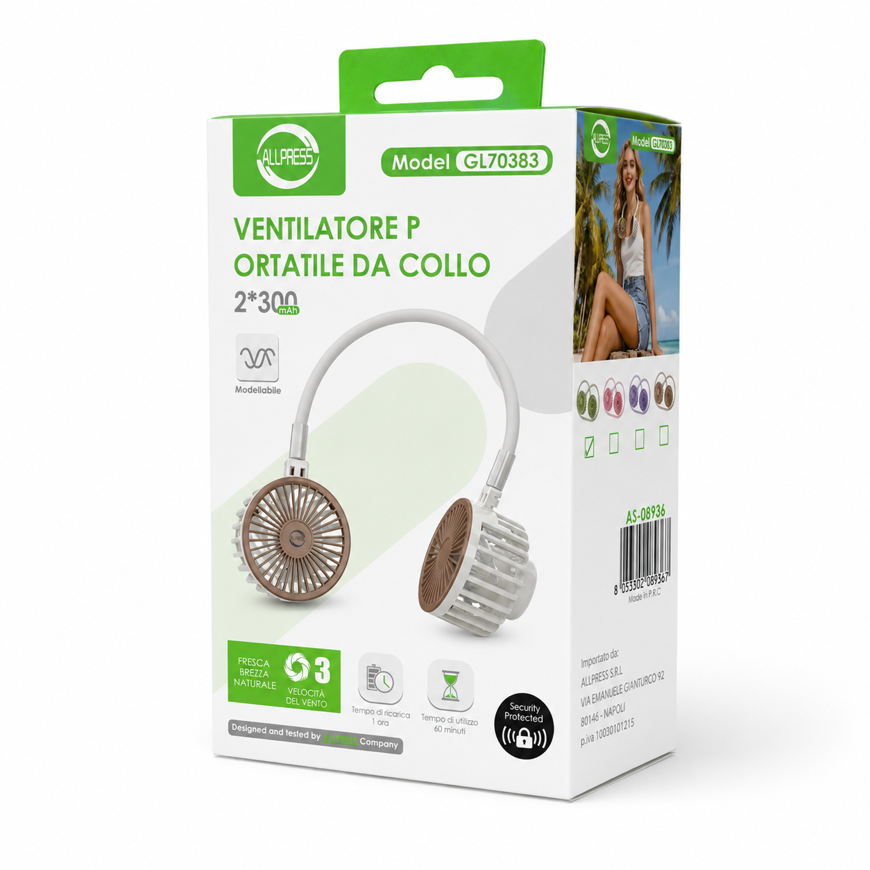 VENTILATORE COLLO CON PALE PORTATILE RICARICABILE SPORT 3 VELOCITÀ AS-08936